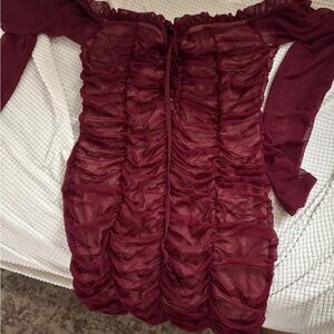 Fashion Nova Burgundy Ruched Long Sleeve Dress